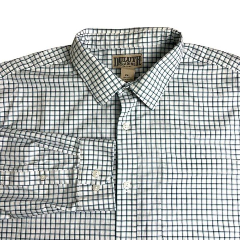 Duluth Trading Co Mens Cotton White Blue Check Long Sleeve Button Up Shirt 2XL